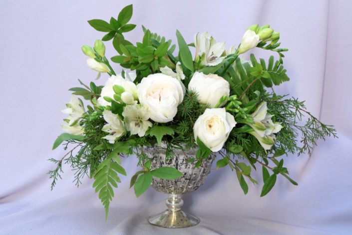 Wedding Centerpiece with White Roses and Greenery