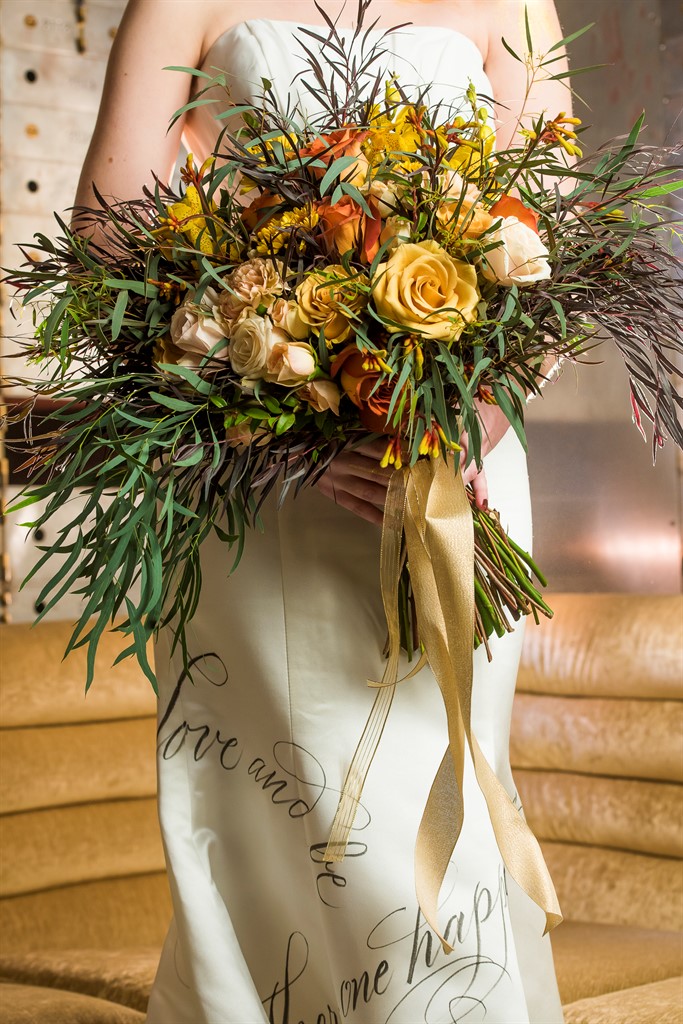 metal and gold wedding inspiration bridal bouquet close up
