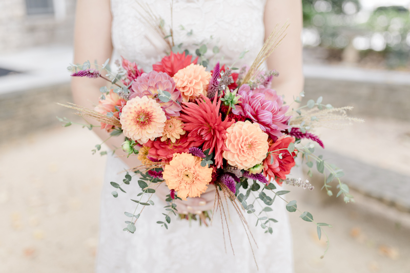 Fall bridal bouquet of local flowers like dahlias