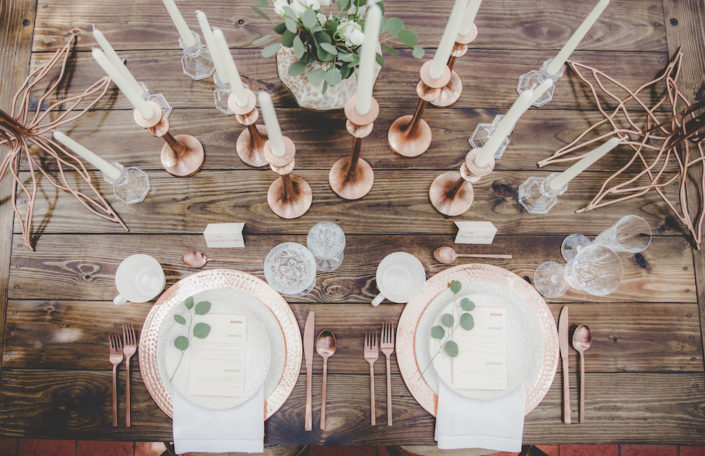 Copper tablescape placesettings for a wedding