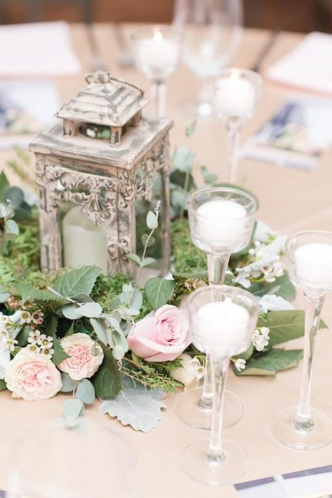 blush wedding centerpiece lantern with flowers