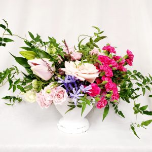 Subscription arrangement greenery with assorted blooms designed by durham florist poppy belle floral design